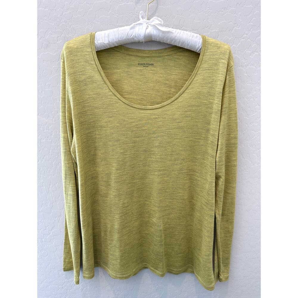 EILEEN FISHER | Green Silk Cotton Lightweight Scoop Neck Long Sleeve Tee | Large